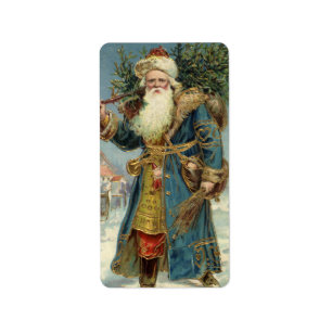 Etiqueta Navidad vintage, Santa Claus victoriano con árbol
