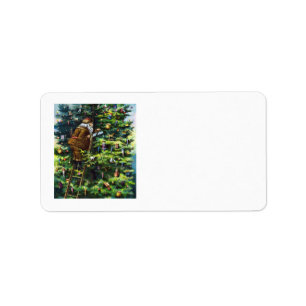 Etiqueta Navidad vintage, Santa Claus victoriano con árbol