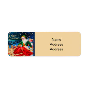 Etiqueta Navidad vintage Santa Trineo Noche estrellada