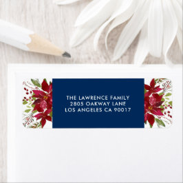 Etiqueta Navidades acuarela Poinsettia Navy dirección azul