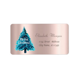 Etiqueta Navidades, árbol azul de Navidad, oro Rosa