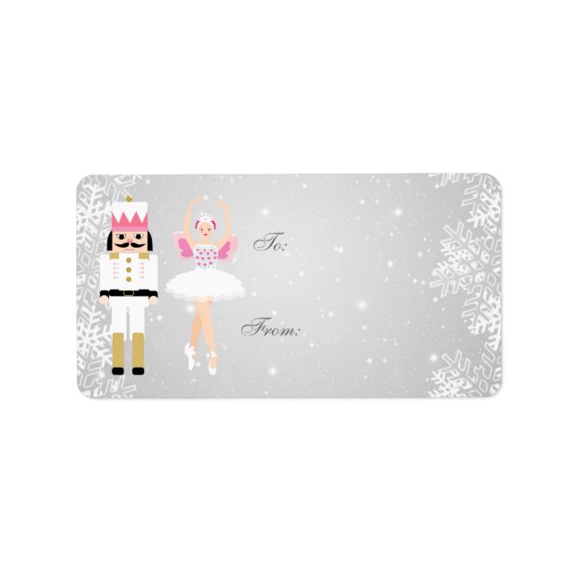 Etiqueta Navidades Ballerina y Nutcracker, copos de nieve (Frente)
