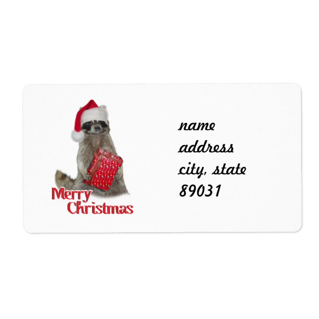 Etiqueta Navidades Bandit Raccoon con el presente (Frente)