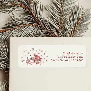 Etiqueta Navidades caprichosos camioneros retro rojo y verd