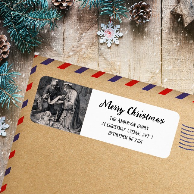 Etiqueta Navidades católicos de la Natividad Blanca Negra (Black and White Simple Modern Nativity Scene Religious Christian Catholic Christmas Address Label)