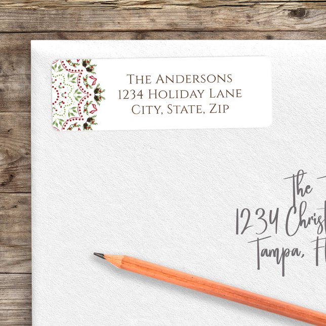 Etiqueta Navidades Classic Holly Berries Greenery Mandala (Christmas greenery, foliage, and berries mandala pattern return address label. )
