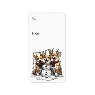 Etiqueta Navidades Corgi Dogs Snowman