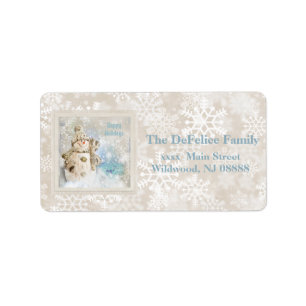 Etiqueta Navidades cortan a hombre de nieve con copos de ni