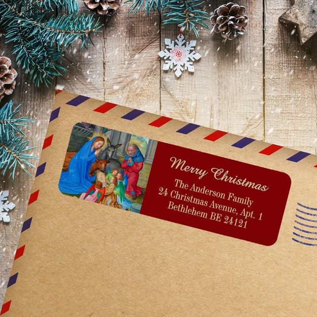 Etiqueta Navidades cristianos medievales religiosos Nativid (Religious Medieval Catholic Christian Christmas Nativity Scene Return Address Label)