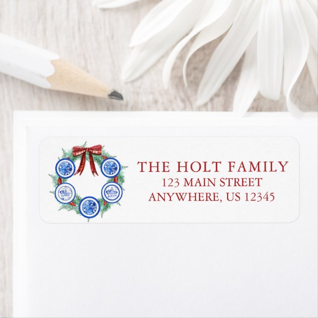 Etiqueta Navidades de acuarela Chinoiserie Plates Wreath (In situ)