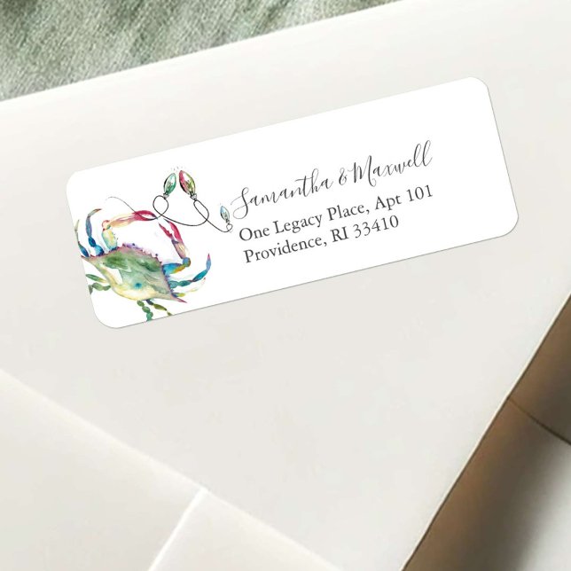Etiqueta Navidades de acuarela costera modernos, cangrejo ú (Beach Christmas return address labels watercolor crab and holiday lights art by Victoria Grigaliunas)