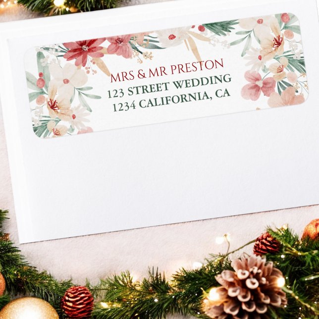 Etiqueta Navidades de acuarela floral matrimonio invernal r (Floral Watercolor Christmas Rustic Winter Wedding Label)