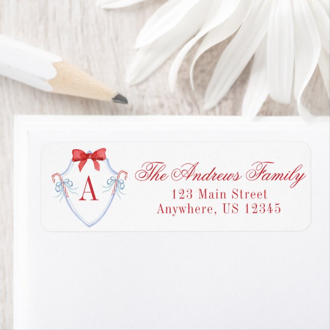 Etiqueta Navidades de acuarela Monograma Candy Cane Escudo (In situ)