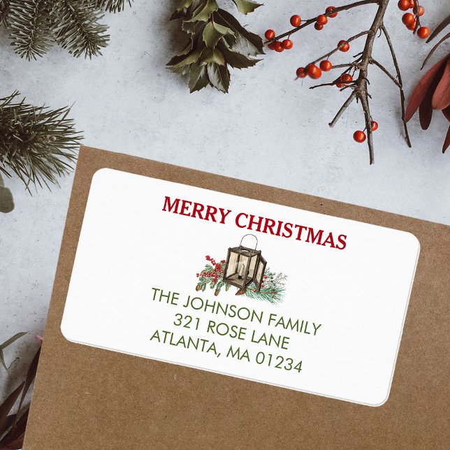 Etiqueta Navidades de acuarela rusas Lantern Pine Berries (Rustic Watercolor Christmas Lantern Pine Berries Label)