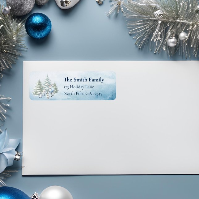 Etiqueta Navidades de Animales de Woodland Blue Light (woodland creature water color background address return label)