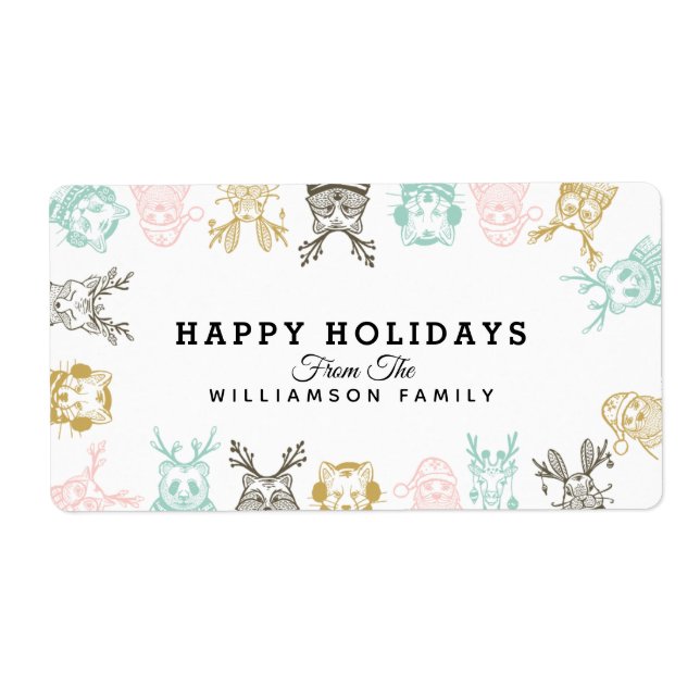 Etiqueta Navidades de Animales Woodland de Estilo Moderno (Frente)