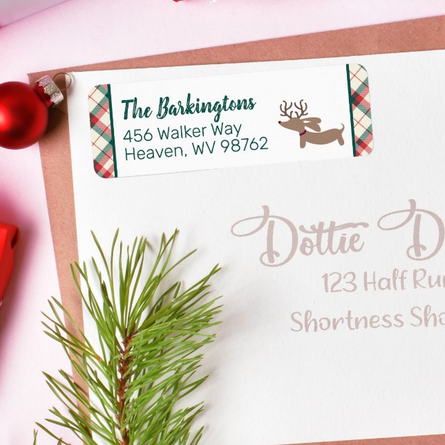 Etiqueta Navidades de Dachshund Preppy Plaid Doxie (Personalized dachshund Christmas plaid return address labels for doxie-themed holiday cards)
