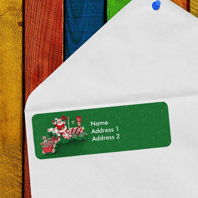 Etiqueta Navidades de escaramuzas de Santa Riding (Santa Claus on train with candy wheels and candy canes on green return address labels.)