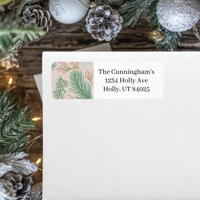Etiqueta Navidades de Pastel Pink Holly (Pink and green return address label )