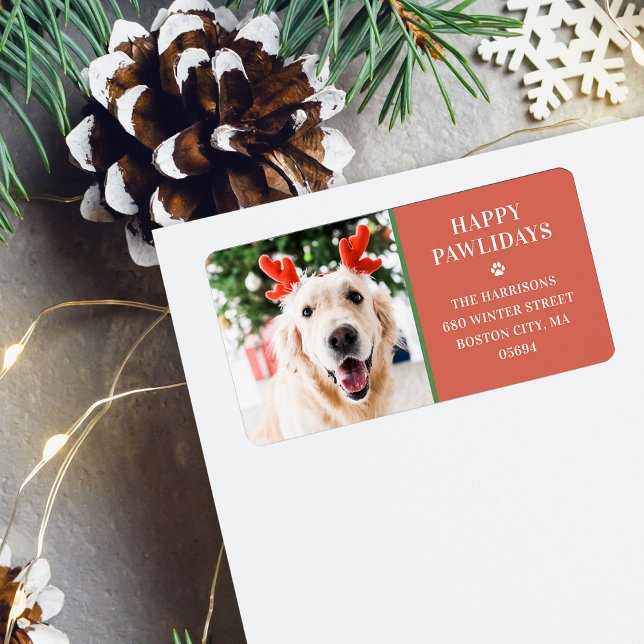 Etiqueta Navidades de perro foto dirección Happy Pawlidays (Dog Christmas Photo Happy Pawlidays Address Label)