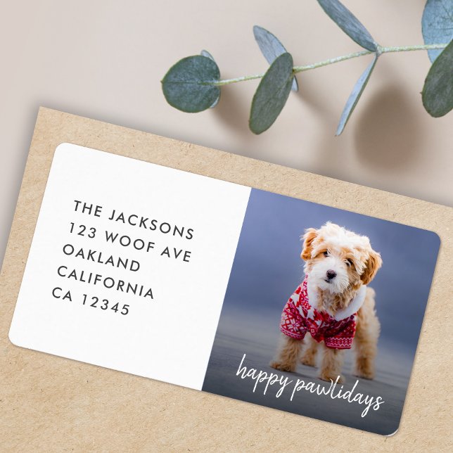 Etiqueta Navidades de perros | Modernas y ricas copas de ma (Adorable Happy Pawlidays photo labels to celebrate your furry friend with matching holiday cards)