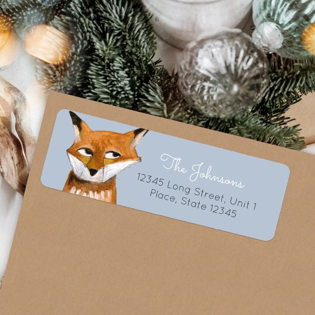 Etiqueta Navidades de vacaciones azules de Fox (Christmas Holiday Woodland Animal Fox address label)