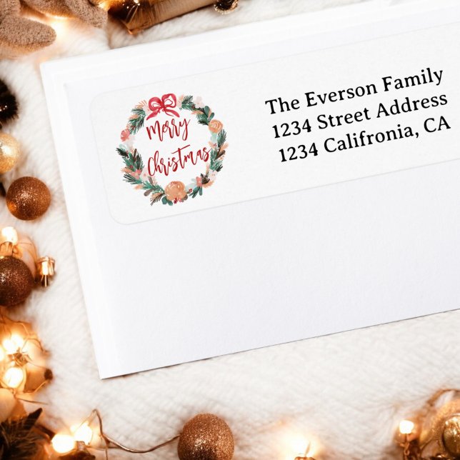 Etiqueta Navidades de Wreath Floral Pintado a mano (Hand Painted Floral Watercolor Wreath Christmas Label)