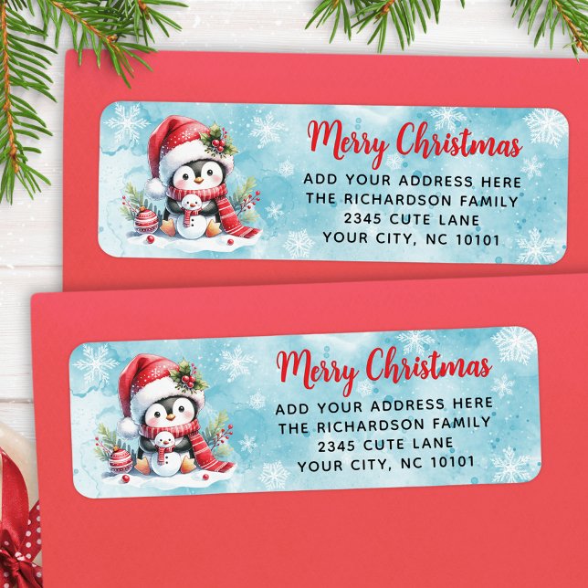 Etiqueta Navidades del pingüino de la Cuta Azul Rojo (Subido por el creador)