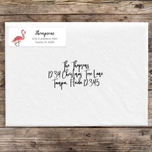 Etiqueta Navidades Dirección de devolución de vacaciones Fl (Christmas holiday lights pink flamingo return address labels. )