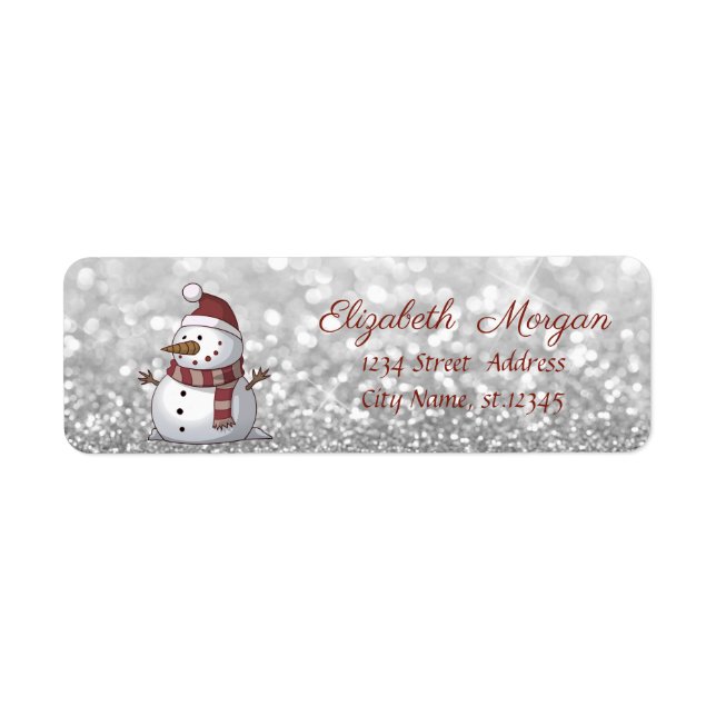 Etiqueta Navidades elegantes, hombre de nieve, Purpurinoso (Frente)