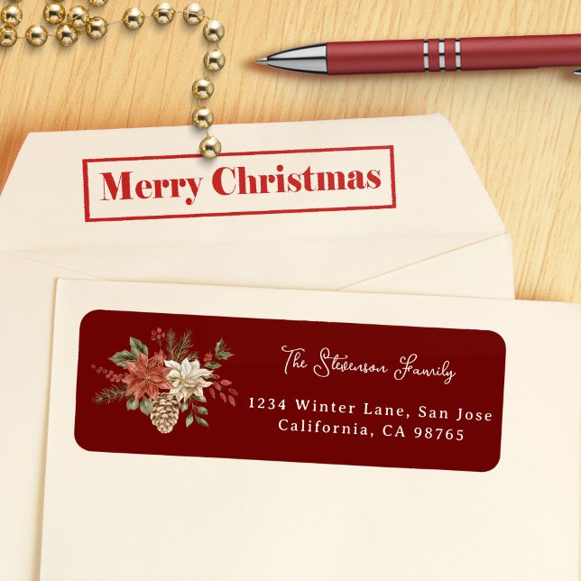 Etiqueta Navidades elegantes Poinsettia Dirección roja oscu (Subido por el creador)