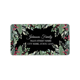 Etiqueta navidades elegantes verde berries rojas negro