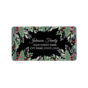 Etiqueta navidades elegantes verde berries rojas negro