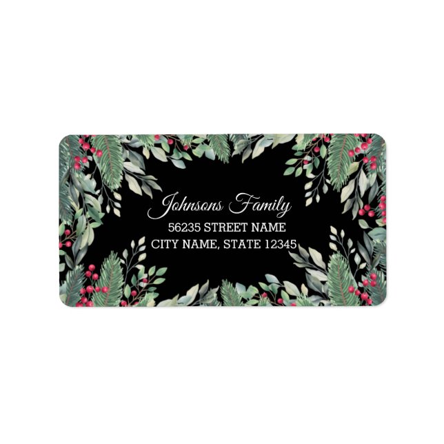 Etiqueta navidades elegantes verde berries rojas negro (Frente)