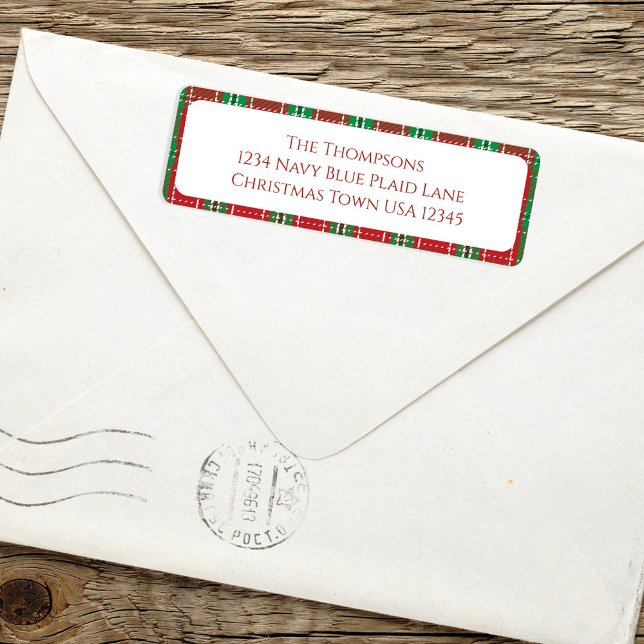 Etiqueta Navidades festejan simple festividad verde rojo (Christmas Holiday red and green plaid patterned return address label. )