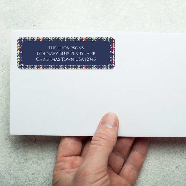 Etiqueta Navidades festejan simple marina azul de plástico  (Simple Navy blue, red, and green plaid pattern return address label. )