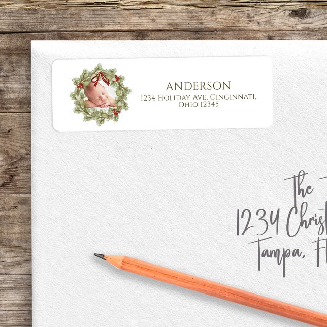 Etiqueta Navidades Foto Acuarela Vegetación Wreath Foliage (Christmas holiday photo greenery wreath return address label. )