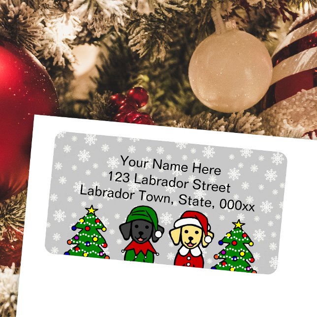 Etiqueta Navidades gemelos Labrador Amarillo y Labrador Neg (Christmas Black Lab and Yellow Lab Puppies Return Address Labels for Labrador Owners.  Elf and Santa)