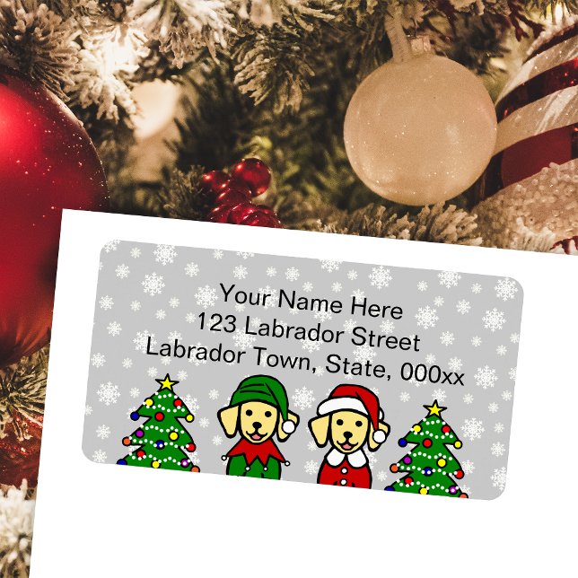 Etiqueta Navidades gemelos Labrador Cachorros (Christmas Twin Yellow Labrador Puppies Return Address Labels for Labrador Owners.  Elf and Santa.)