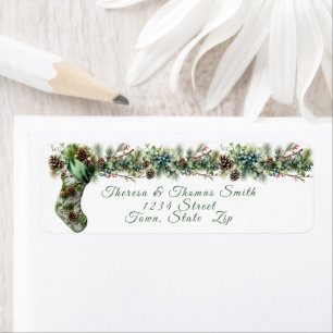 Etiqueta Navidades Green Satin Stocking Pinecones Berries