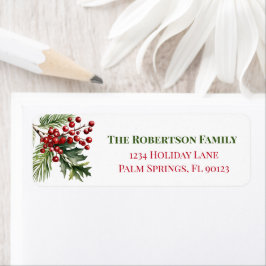 Etiqueta Navidades Holly Pine Red Green Return Address