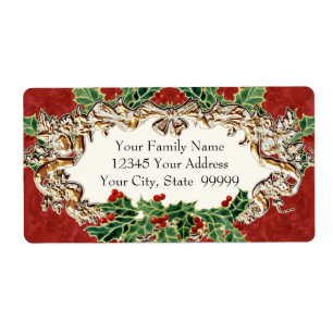 Etiqueta Navidades Holly w Gold Look Ribbon n Damask Label