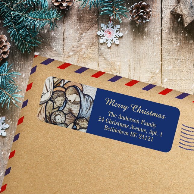 Etiqueta Navidades Natividad Cristiana Católica Azul Modern (Christmas Nativity Scene Religious Christian Catholic Elegant Blue Modern Return Address Label)