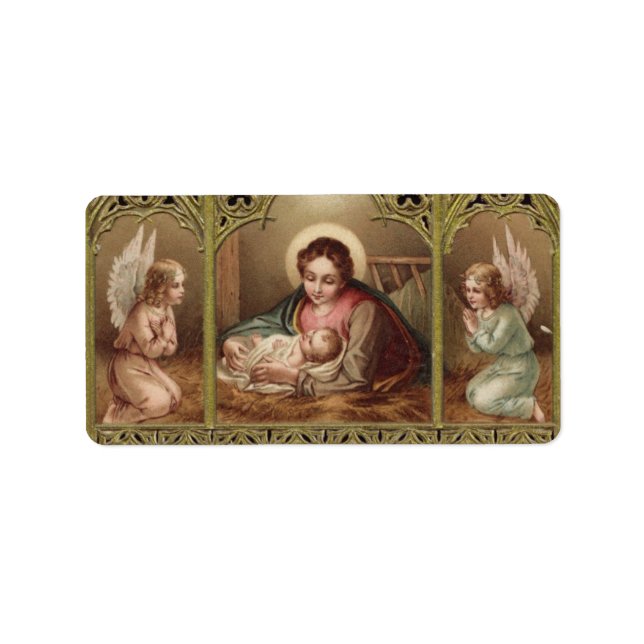 Etiqueta Navidades Natividad Virgen María Jesús Manger (Frente)