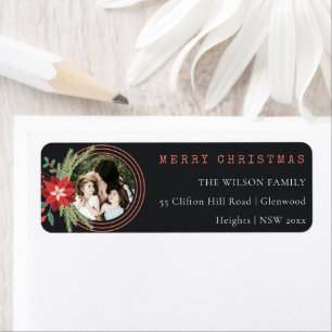 Etiqueta Navidades negros Circle Photo Poinsettia Address