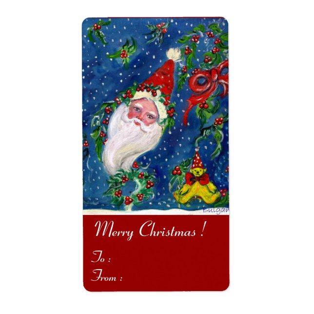 ETIQUETA NAVIDADES NOCHE / SANTA CON JUGUETES Y BOW ROJO (Frente)