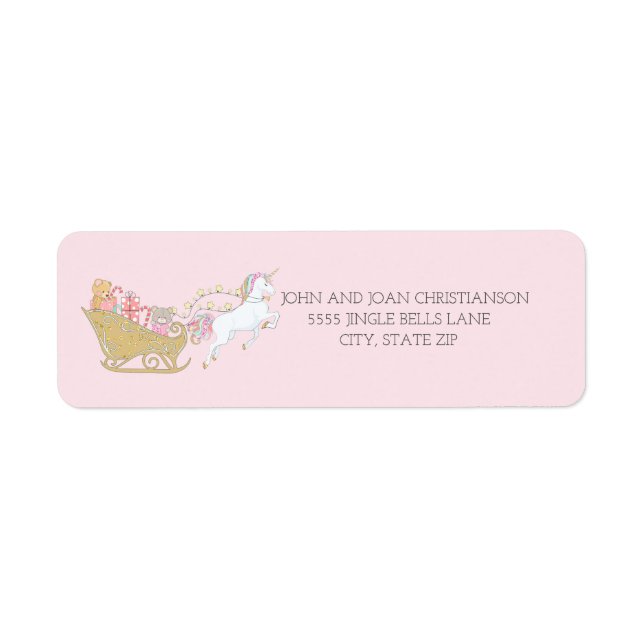 Etiqueta Navidades pasteles Unicorn Santa's Sleigh Pink (Frente)