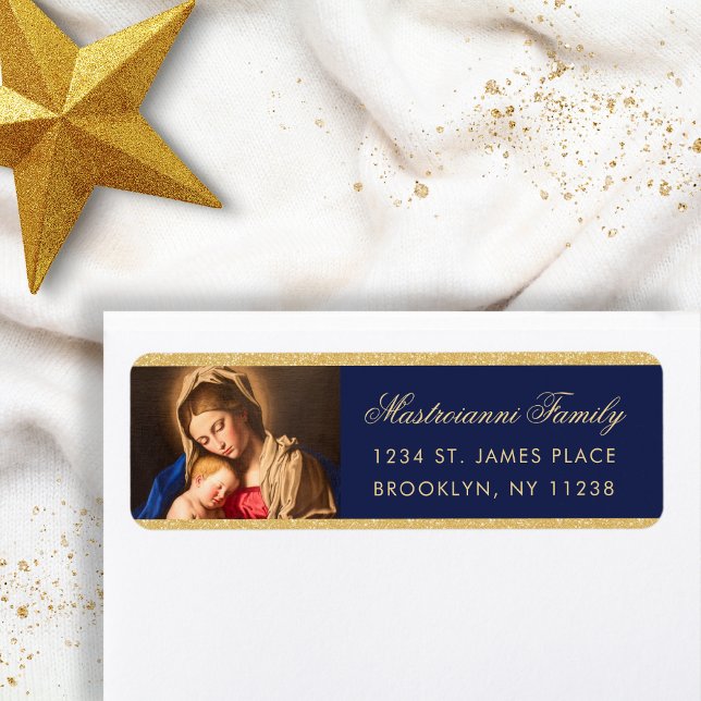 Etiqueta Navidades religiosos de Madonna y niños devuelven  (Religious Christmas address label in midnight blue and gold with the Madonna and Child for Catholics)