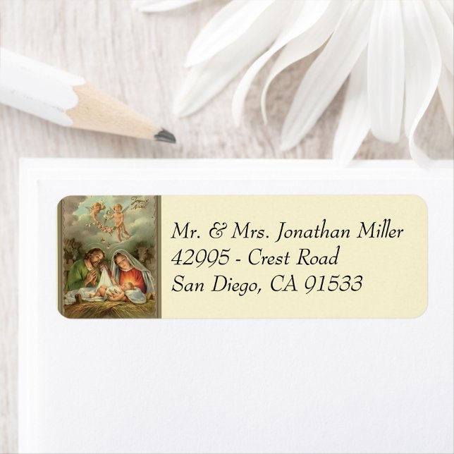 Etiqueta Navidades religiosos Natividad Sagrada Familia Jes (Traditional Vintage Religious Christmas Nativity with Jesus, Mary, & Joseph )