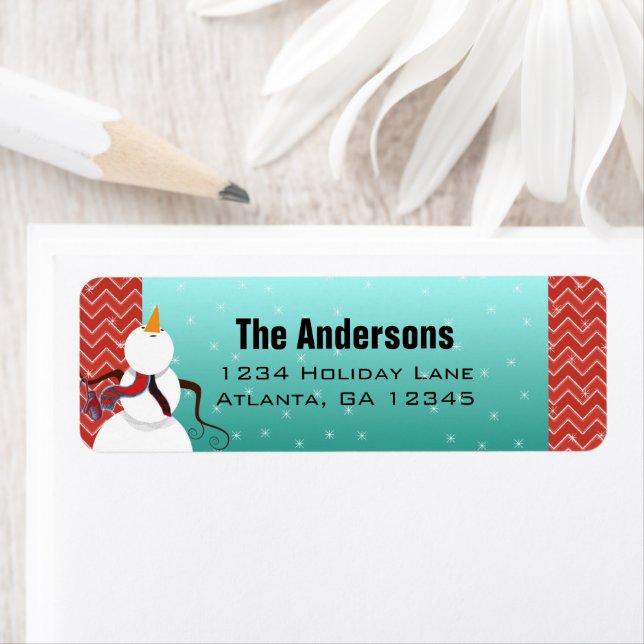 Etiqueta Navidades Retro Red Aqua Snowman mirando las estre (In situ)
